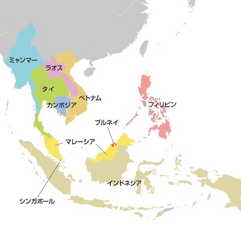 Map of the ASEAN region with the following regions colour coded: Philippines, Indonesia, Singapore, Malaysia, Brunei, Vietnam, Laos, Thailand, Cambodia and Myanmar