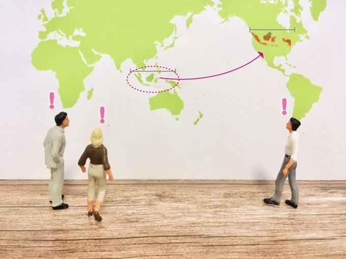 A world map comparing Indonesia and the United States with an arrow connecting them